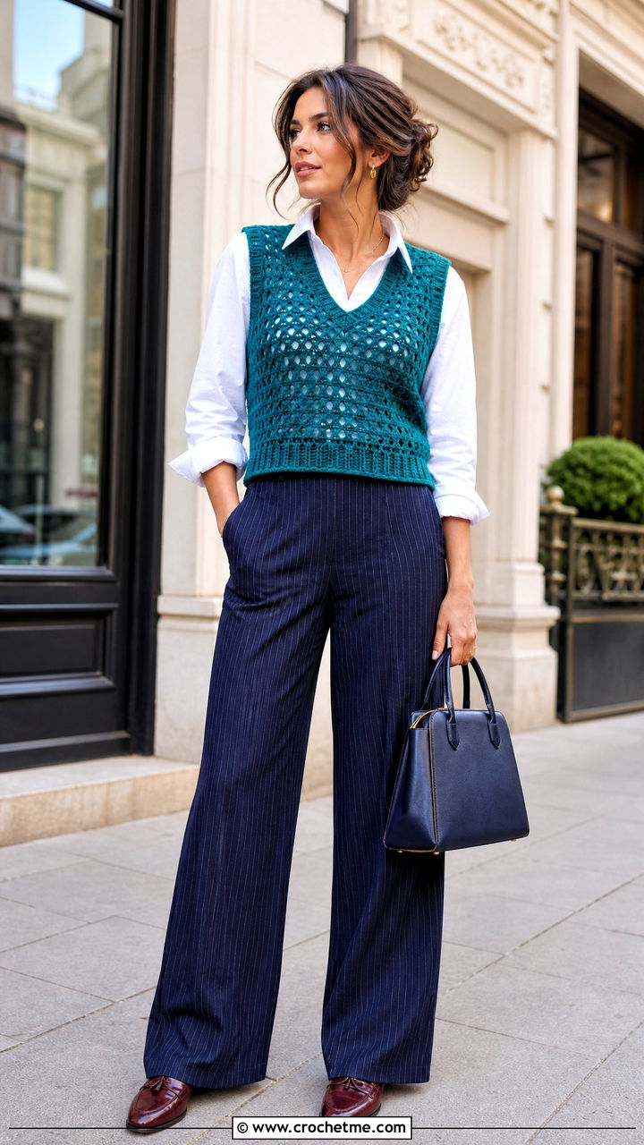 Crochet Sweater Vest With Pinstripe Pants - 35 crochet clothes for women outfit ideas