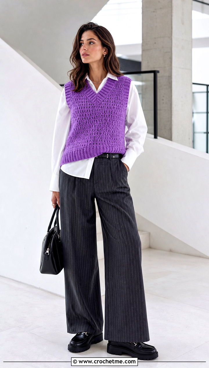 Crochet Sweater Vest With Pinstripe Trousers - 25 K Pop Crochet Clothes and outfit ideas
