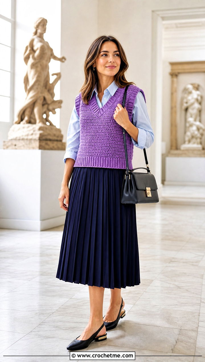 Crochet Sweater Vest With Pleated Midi Skirt - 35 crochet vest ideas