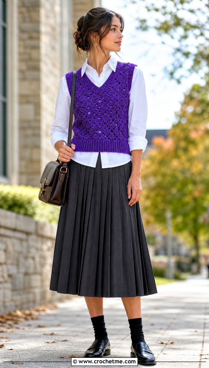 Crochet Sweater Vest With Pleated Midi Skirt - 35 cute crochet tops ideas