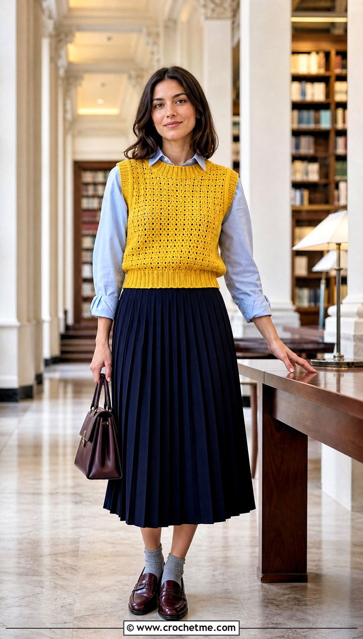 Crochet Sweater Vest With Pleated Midi Skirt - 25 Crochet For Beginners Clothes and outfit ideas