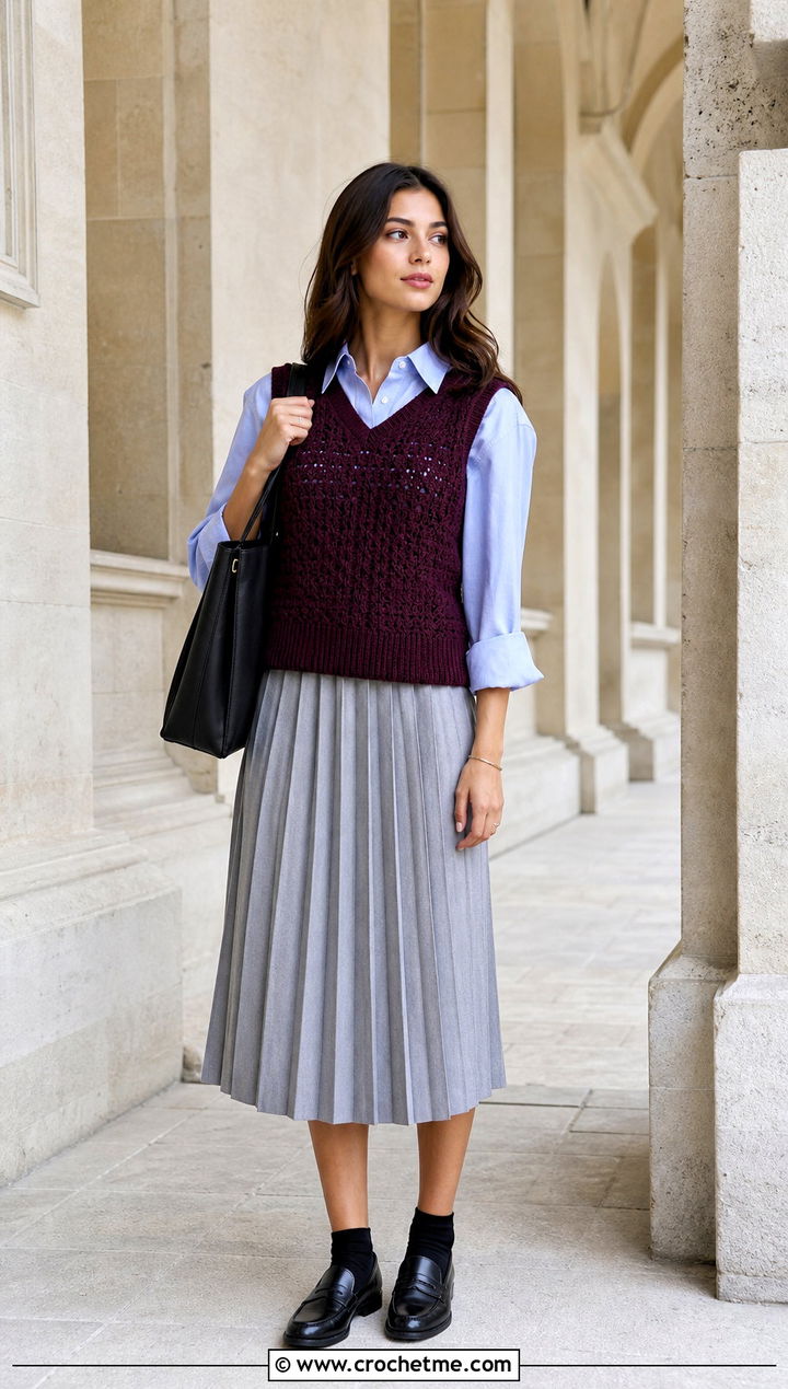 Crochet Sweater Vest With Pleated Midi Skirt - 25 Easy Clothes To Crochet For Beginners outfit ideas
