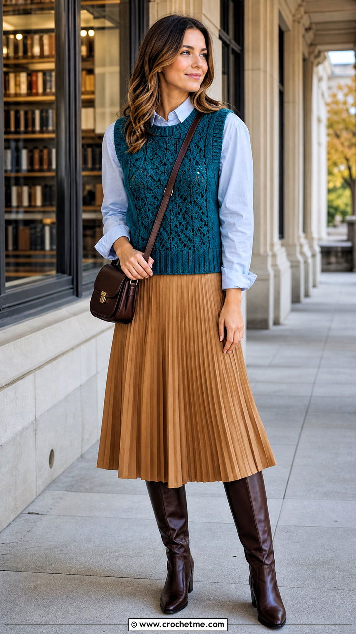 Crochet Sweater Vest With Pleated Midi Skirt - 35 crochet fall clothes and outfit ideas