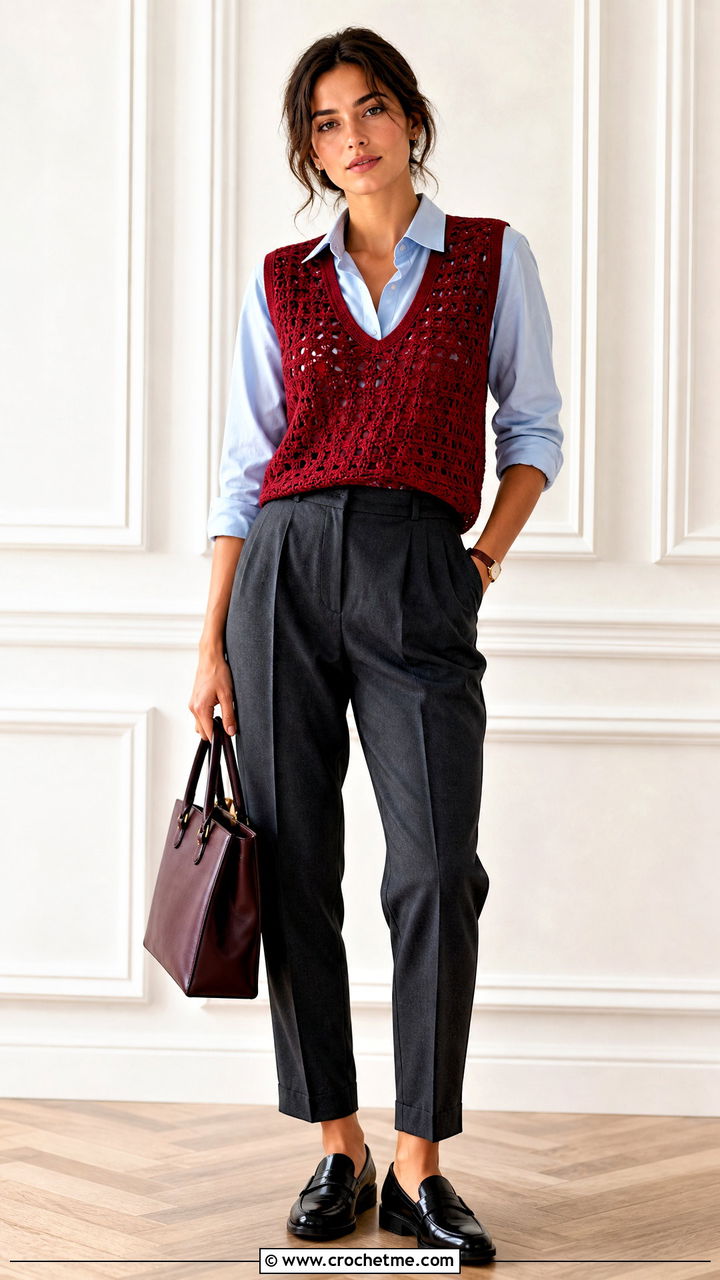 Crochet Sweater Vest With Pleated Trousers - 35 beginner crochet clothes and outfit ideas