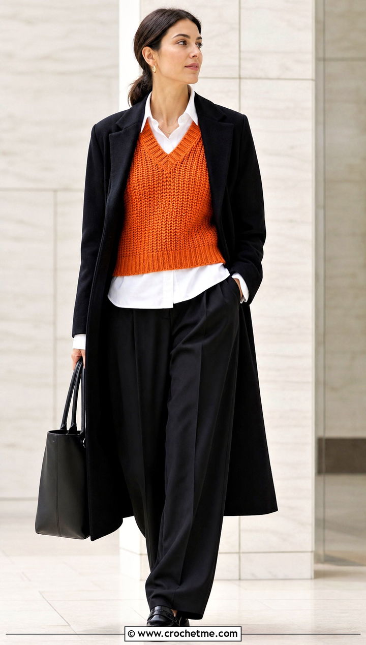 Crochet Sweater Vest With Pleated Trousers - 35 Crochet Winter Outfits ideas