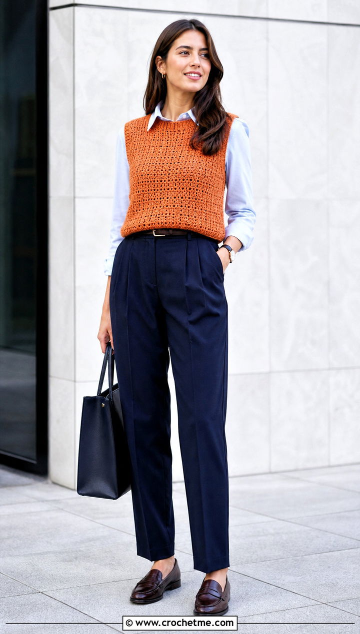 Crochet Sweater Vest With Pleated Trousers - 30 crochet clothing for beginners outfit ideas
