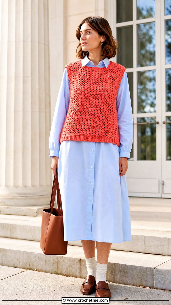 Crochet Sweater Vest With Poplin Dress - 35 crochet sweater ideas