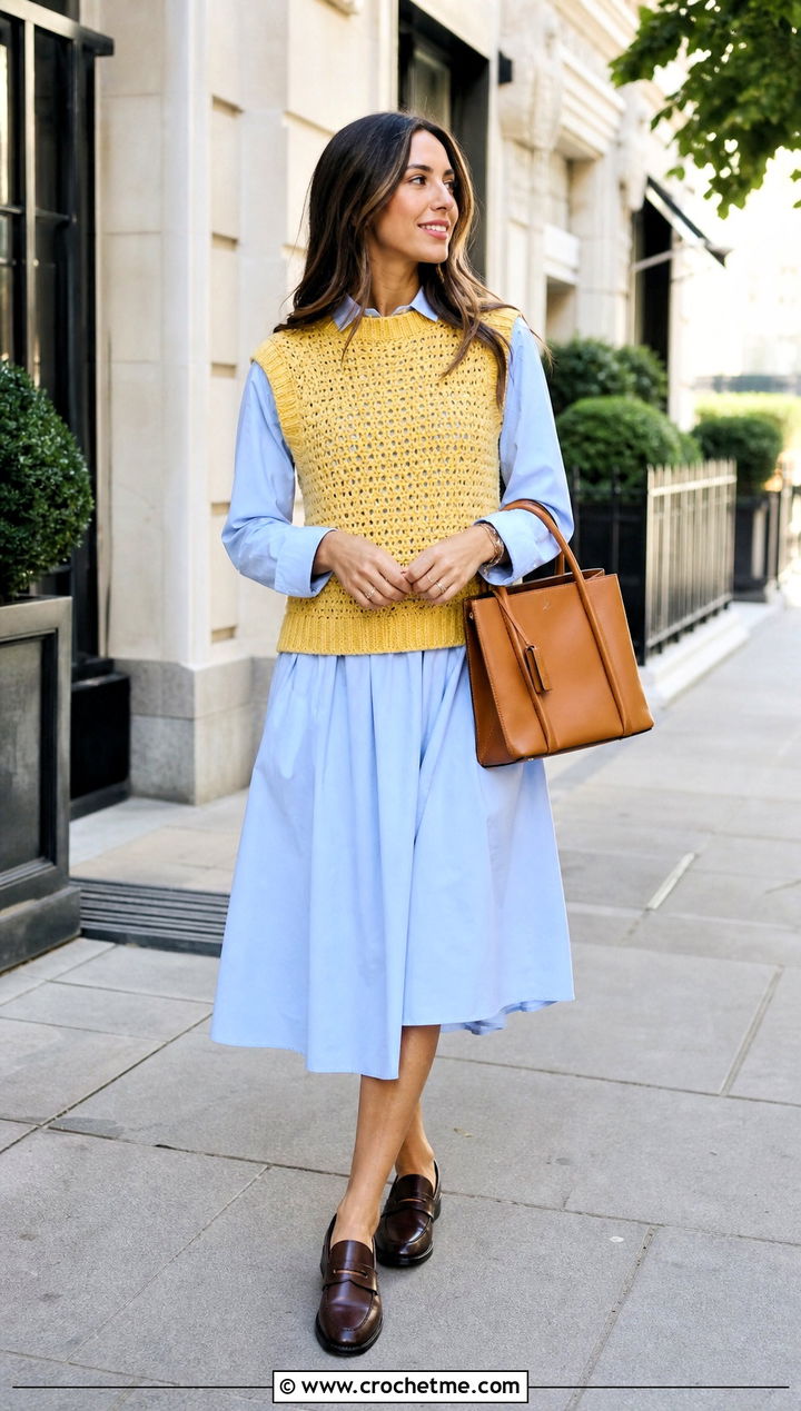 Crochet Sweater Vest With Poplin Dress - 30 crochet women sweater outfit ideas