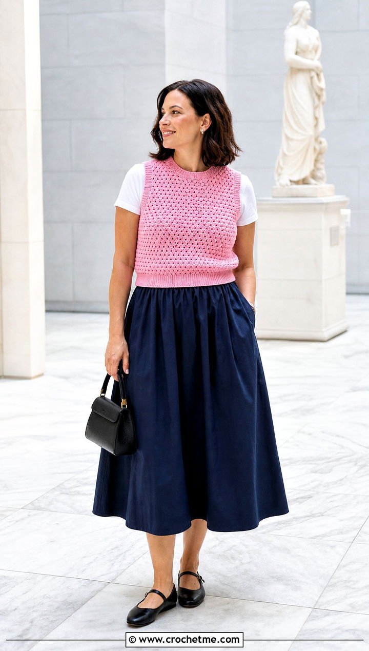 Crochet Sweater Vest With Poplin Midi Skirt - 15 Summer Crochet Clothing Style outfit ideas