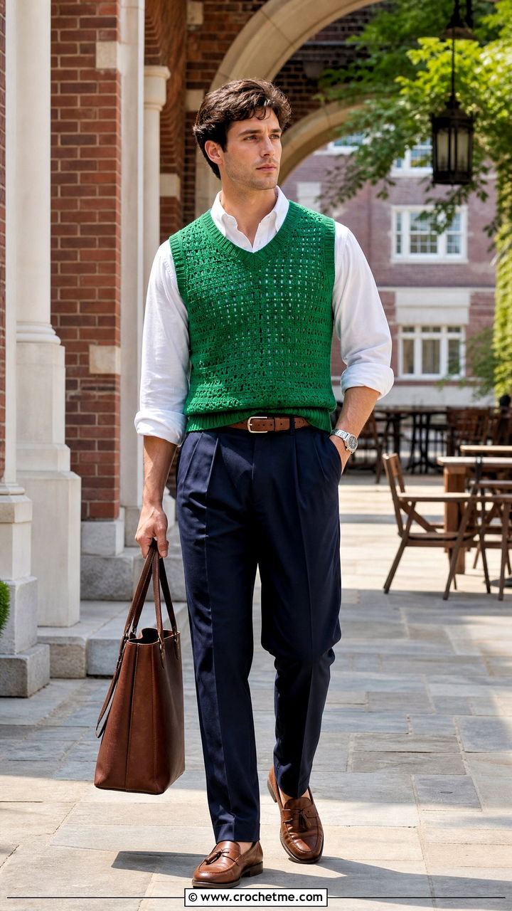 Crochet Sweater Vest With Poplin Shirt - 35 crochet mens sweater outfit ideas
