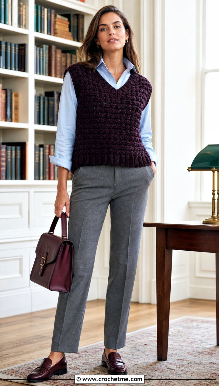 Crochet Sweater Vest With Poplin Shirt - 35 crochet simple top outfit ideas