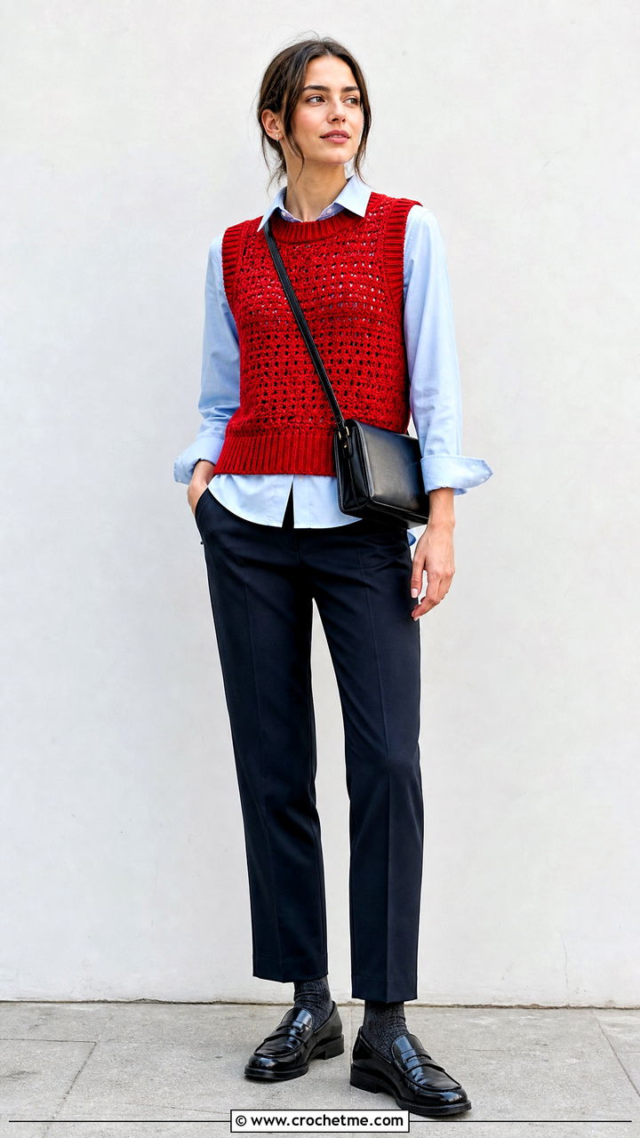 Crochet Sweater Vest With Poplin Shirt - 35 easy crochet tops outfit ideas