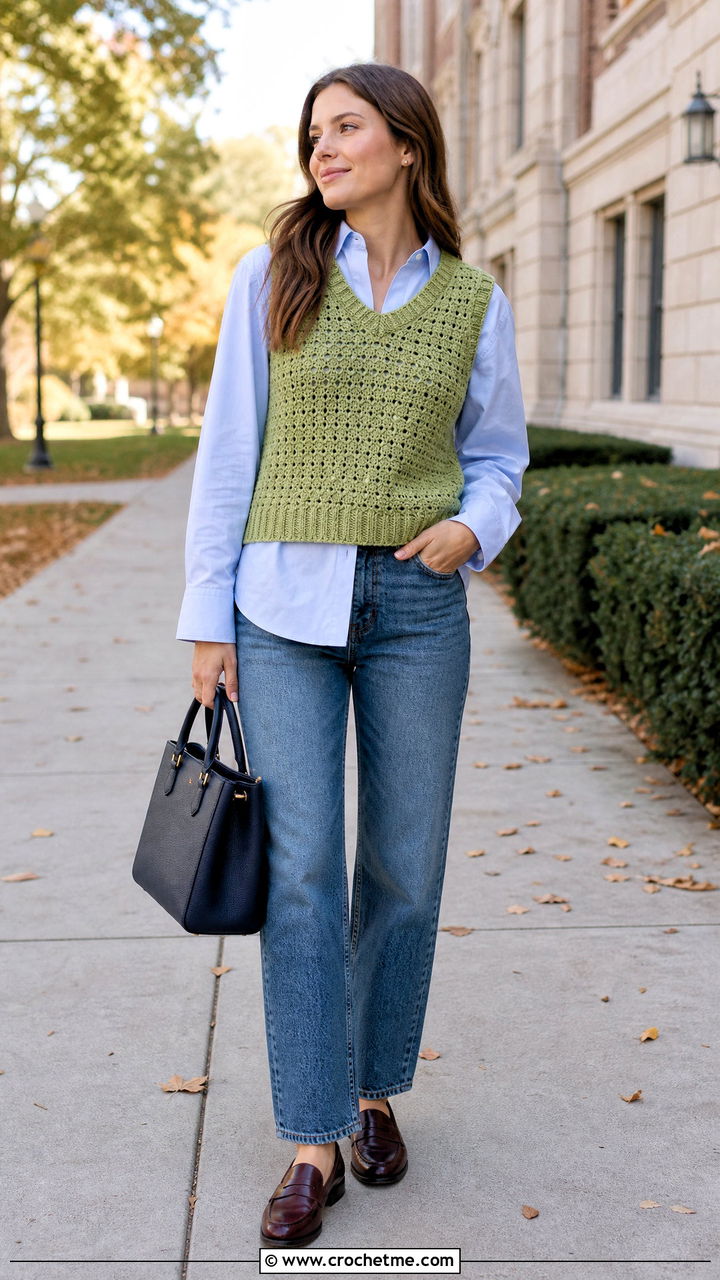 Crochet Sweater Vest With Poplin Shirt And Jeans - 35 crochet top ideas