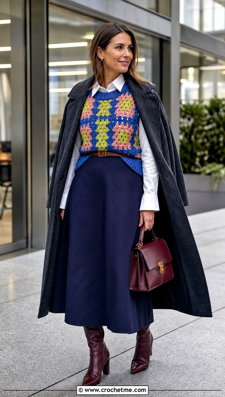Crochet Sweater Vest With Poplin Shirt And Maxi Skirt - 30 winter crochet sweater outfit ideas