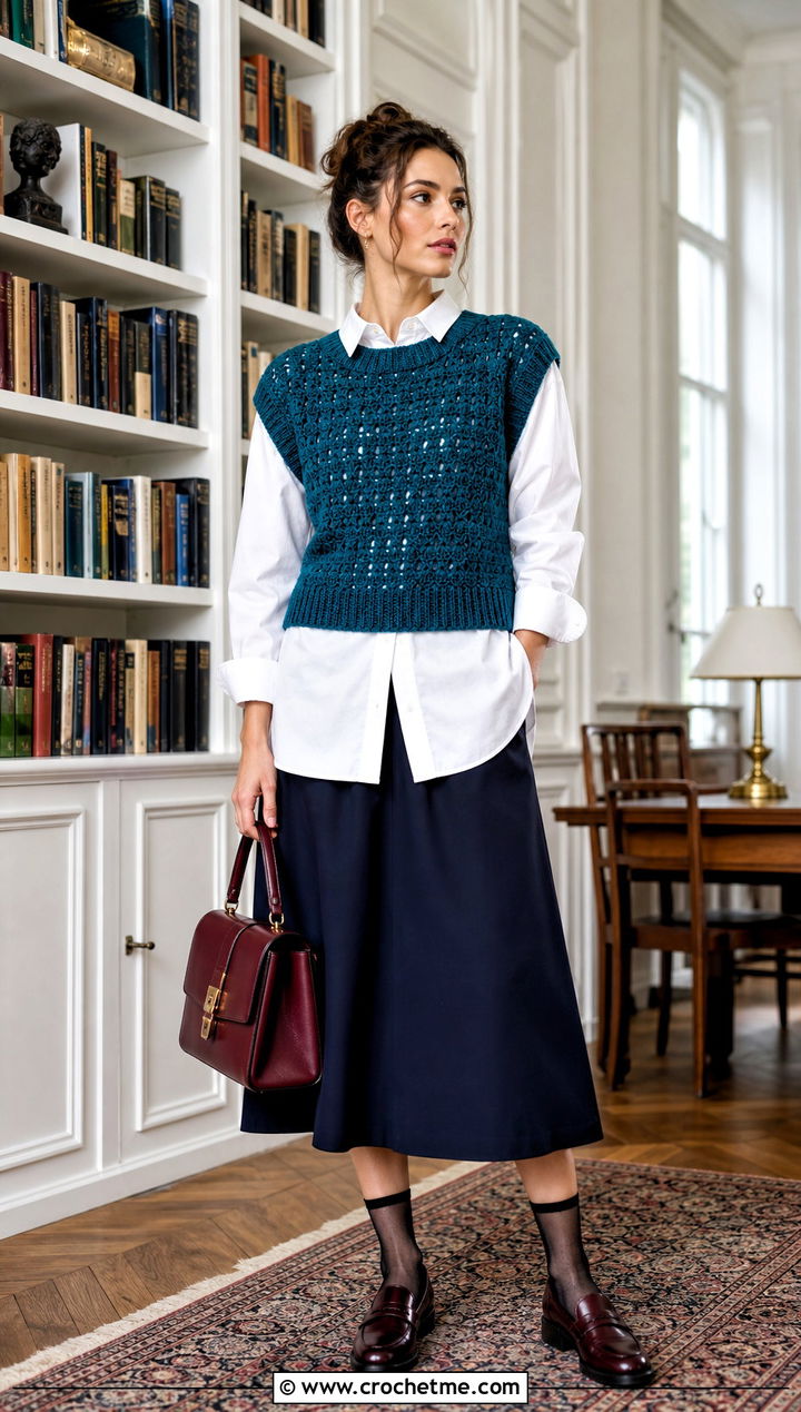 Crochet Sweater Vest With Poplin Shirt And Midi Skirt - 25 trendy crochet clothes and outfit ideas