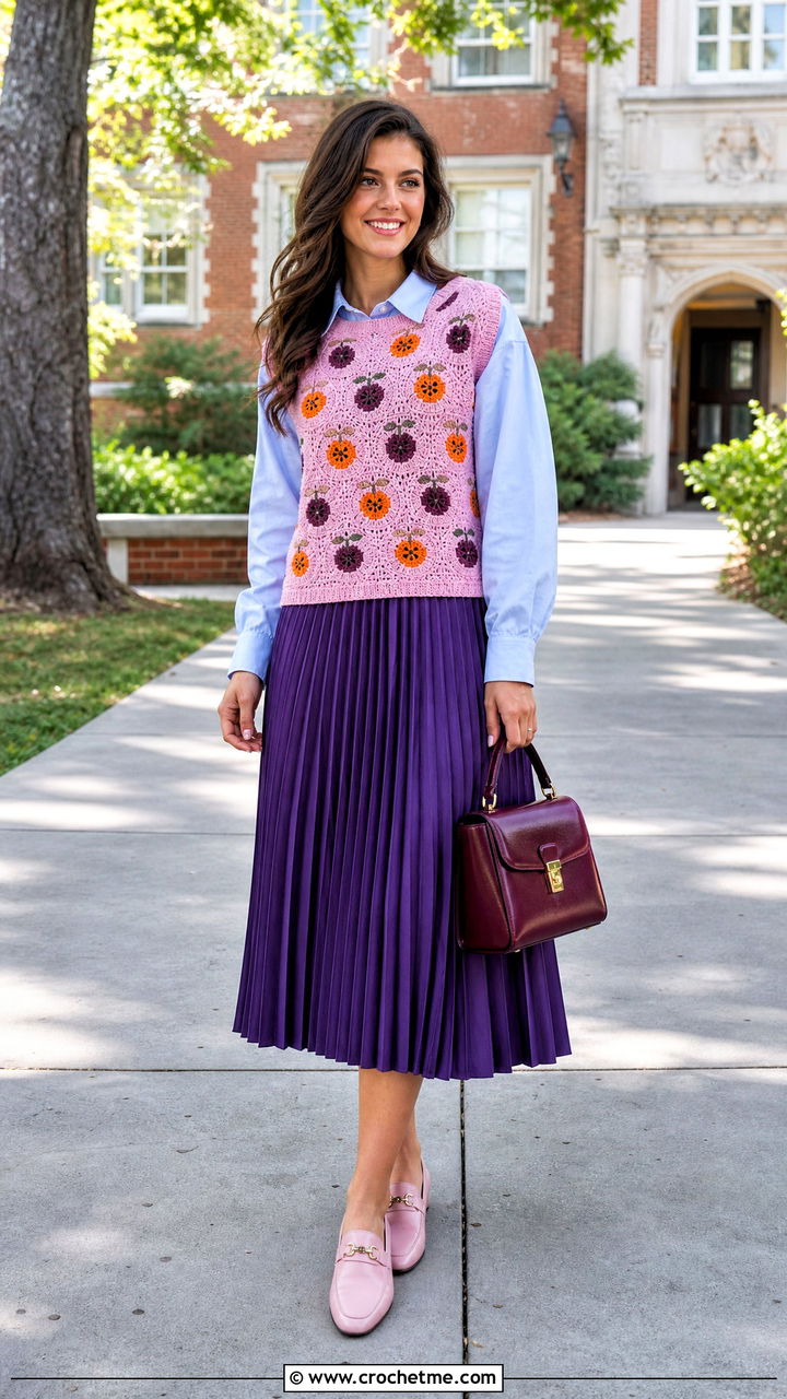 Crochet Sweater Vest With Poplin Shirt And Pleated Skirt - 35 crochet outfits ideas