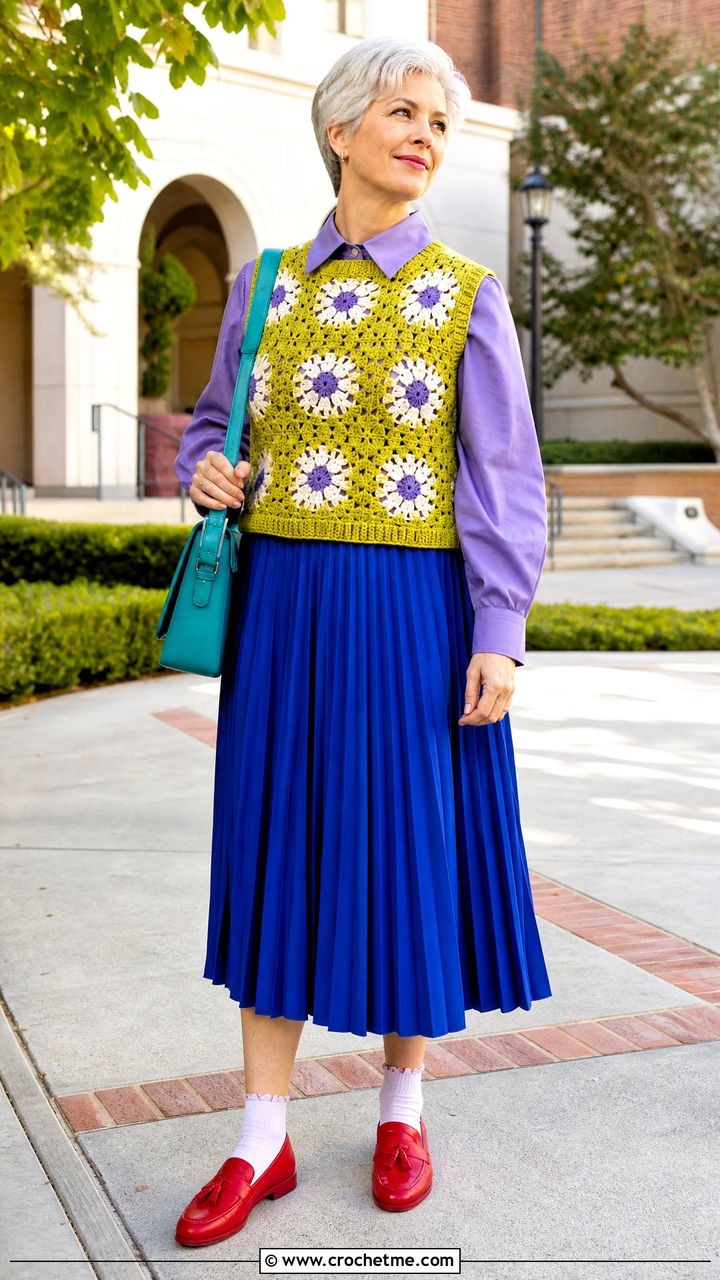Crochet Sweater Vest With Poplin Shirt And Pleated Skirt - 35 crochet clothing and accessories ideas