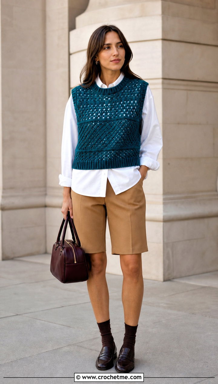 Crochet Sweater Vest With Poplin Shirt And Shorts - 30 crochet knitted top outfit ideas