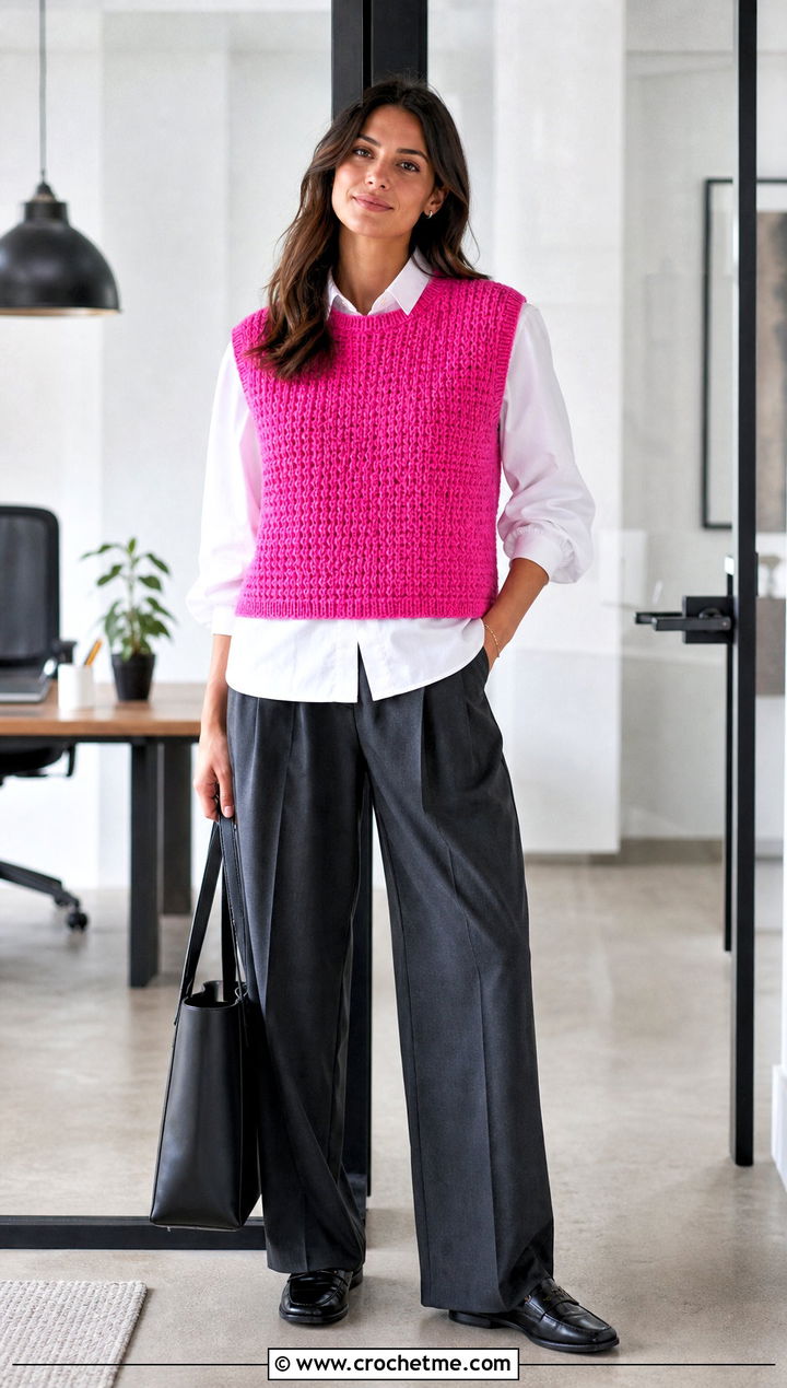 Crochet Sweater Vest With Poplin Shirt And Trousers - 35 cute crochet clothes ideas