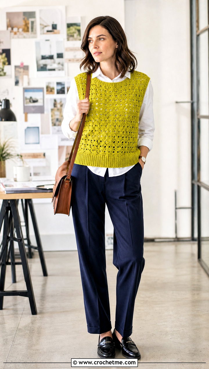 Crochet Sweater Vest With Poplin Shirt And Trousers - 20 Crochet Clothes For Work outfit ideas