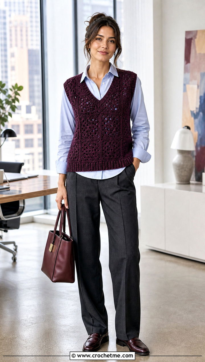 Crochet Sweater Vest With Poplin Shirt And Trousers - 30 cute crocheted tops outfit ideas