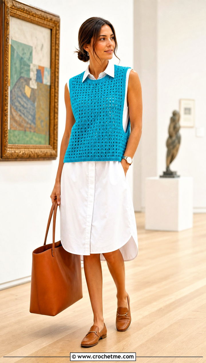 Crochet Sweater Vest With Poplin Shirt Dress - 25 summer crochet sweaters outfit ideas