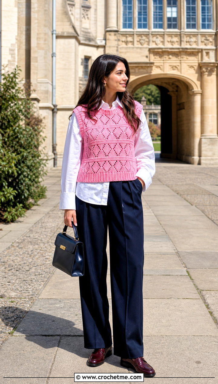Crochet Sweater Vest With Poplin Shirt - 30 crochet clothes outfit ideas
