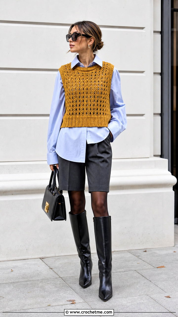 Crochet Sweater Vest With Shirt And Bermuda Shorts - 35 fall crochet sweater outfit ideas