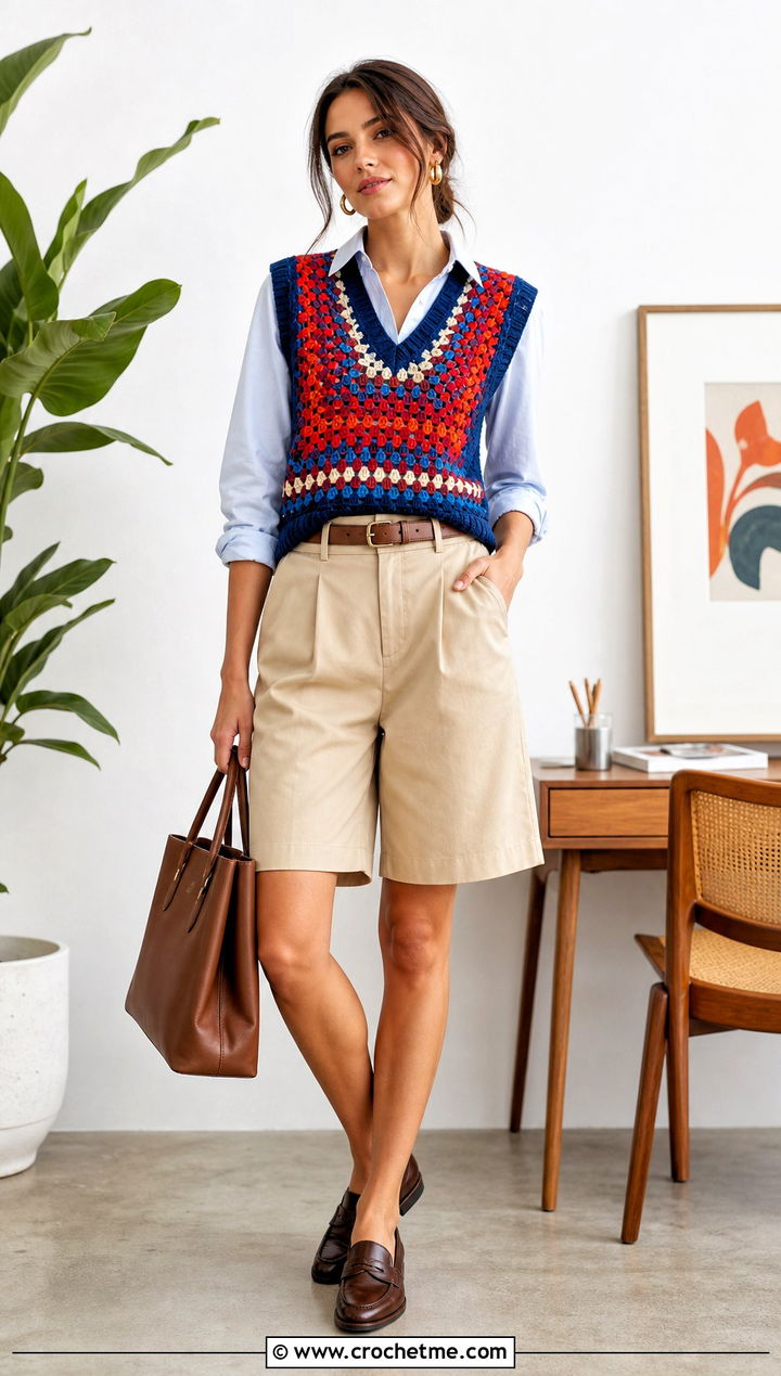 Crochet Sweater Vest With Shirt And Bermuda Shorts - 30 cool crochet sweater outfit ideas