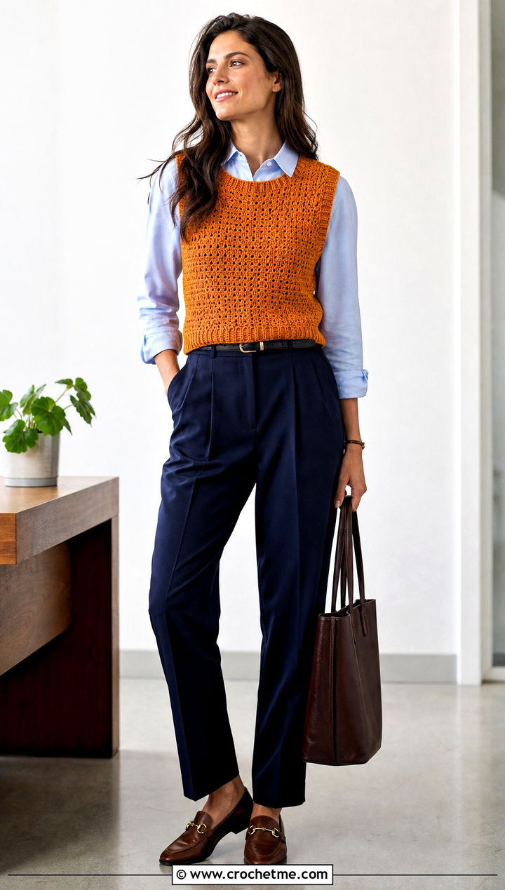 Crochet Sweater Vest With Shirt And Pleated Trousers - 30 knit look crochet sweater outfit ideas