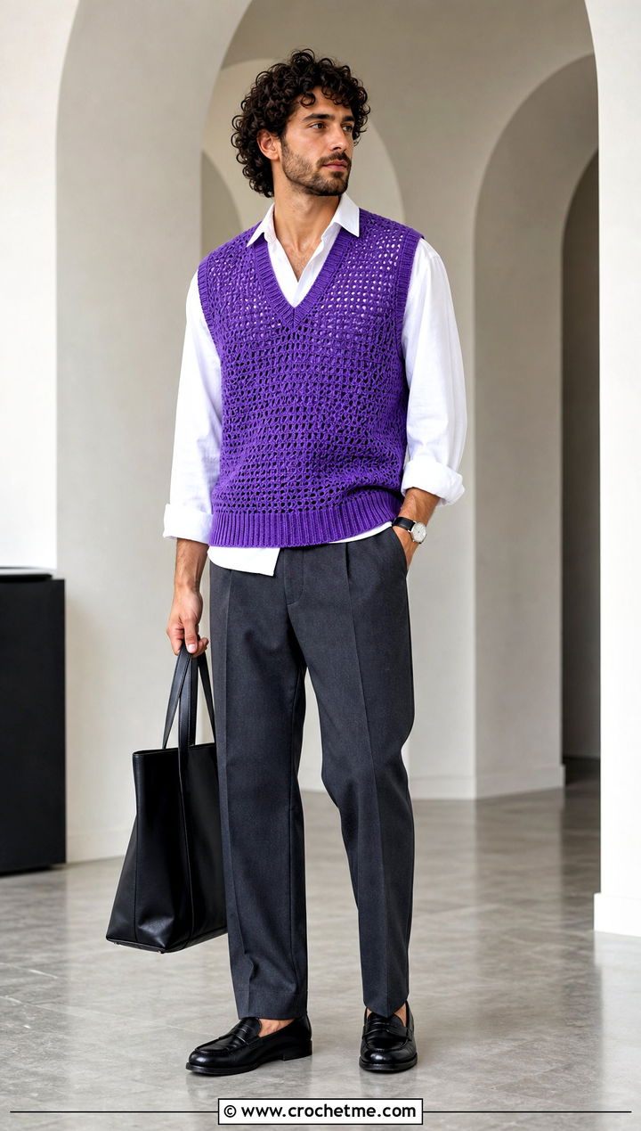 Crochet Sweater Vest With Shirt And Tailored Pants - 15 Crochet Mens Sweaters outfit ideas