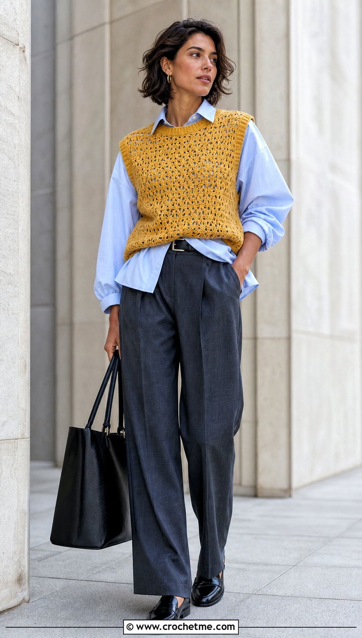 Crochet Sweater Vest With Shirt And Trousers - 25 Autumn Crochet Outfit ideas