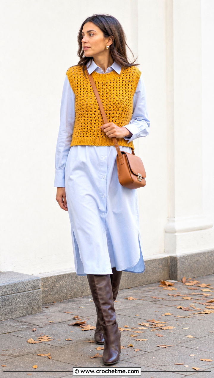 Crochet Sweater Vest With Shirt Dress - 20 Crochet Ladies Sweater outfit ideas