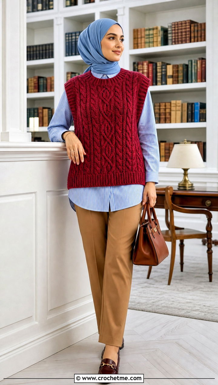 Crochet Sweater Vest With Striped Shirt And Tailored Pants - 20 crochet top hijabi outfit ideas