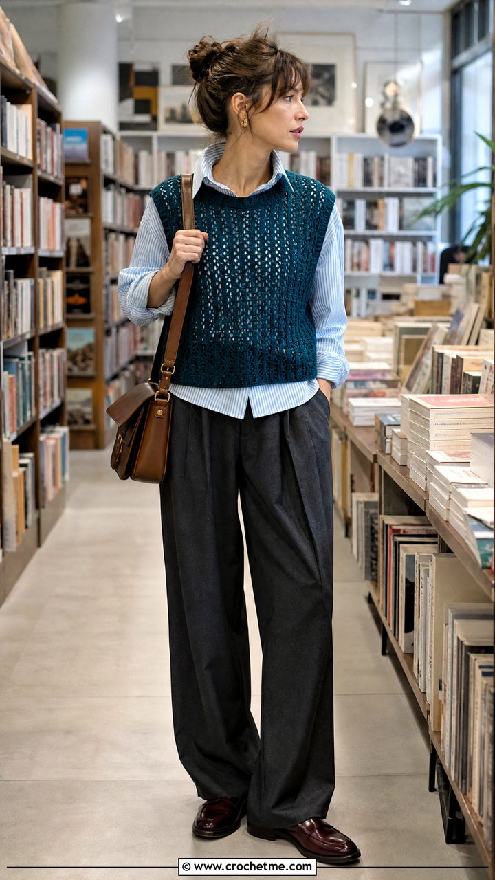 Crochet Sweater Vest With Striped Shirt And Trousers - 35 aesthetic crochet clothes and outfit ideas