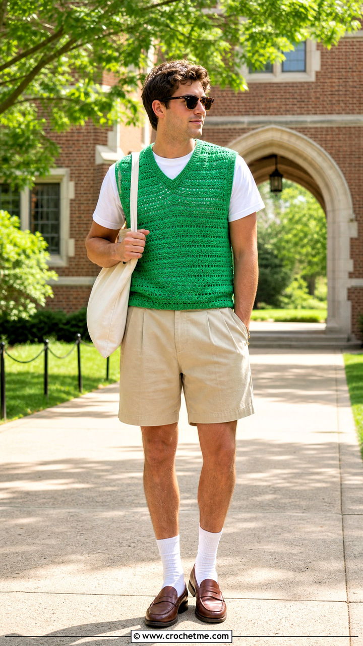 Crochet Sweater Vest With T Shirt And Pleated Shorts - 35 crochet top for men outfit ideas