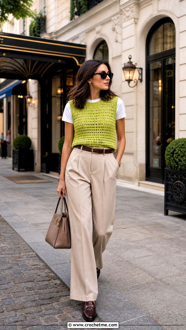 Crochet Sweater Vest With Tailored Trousers - 35 crochet vacation outfit ideas