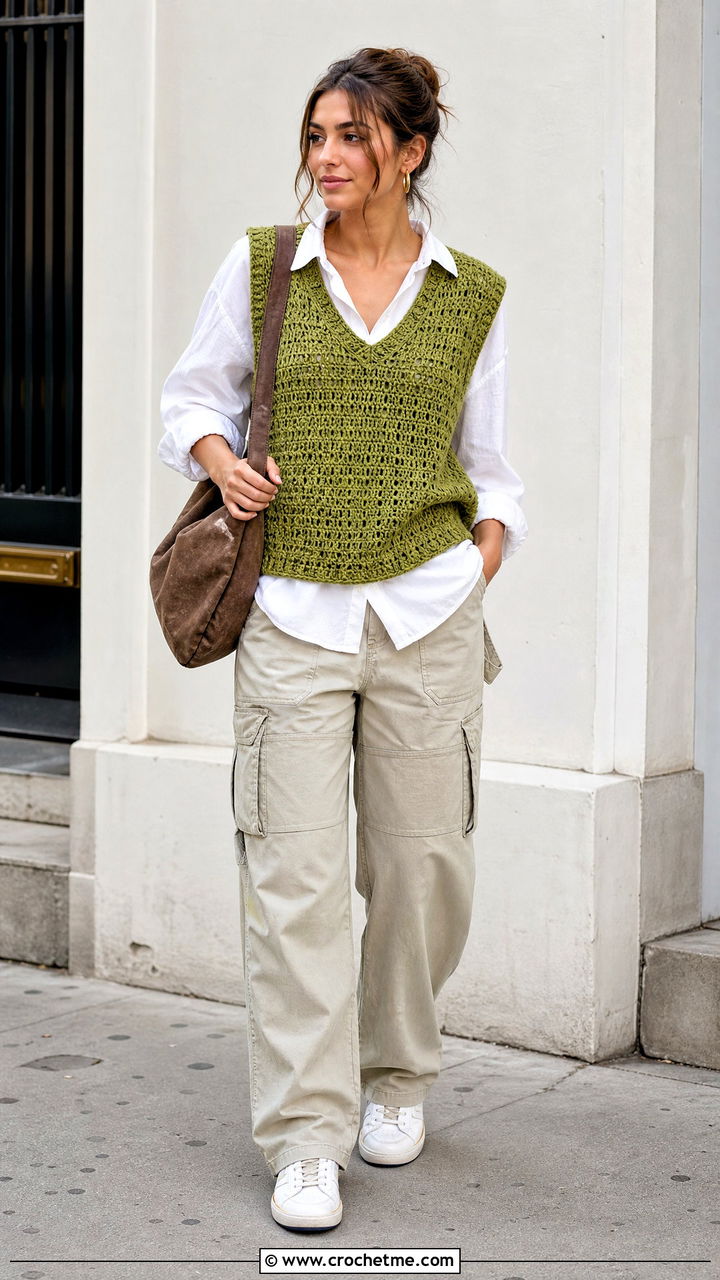 Crochet Sweater Vest With White Shirt And Cargo Pants - 35 boho crochet clothes and outfit ideas