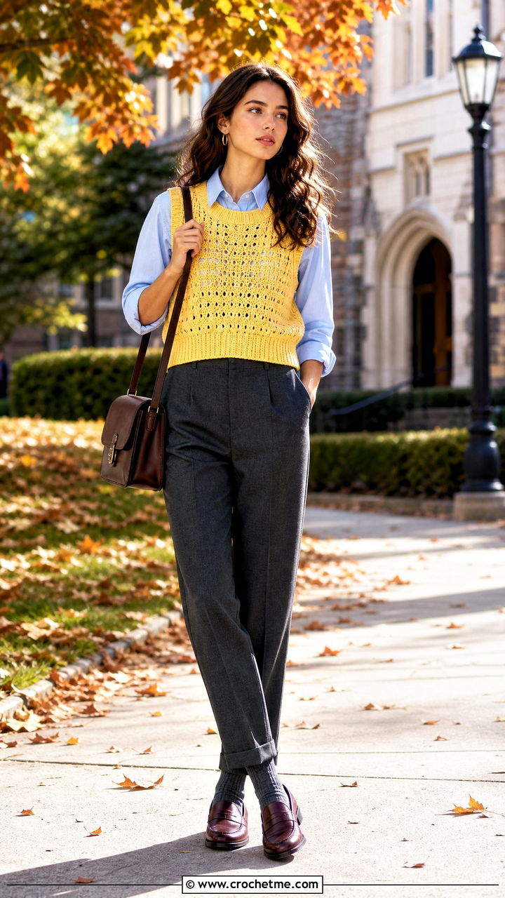 Crochet Sweater Vest With an Oxford Shirt - 35 fall crochet clothes and outfit ideas