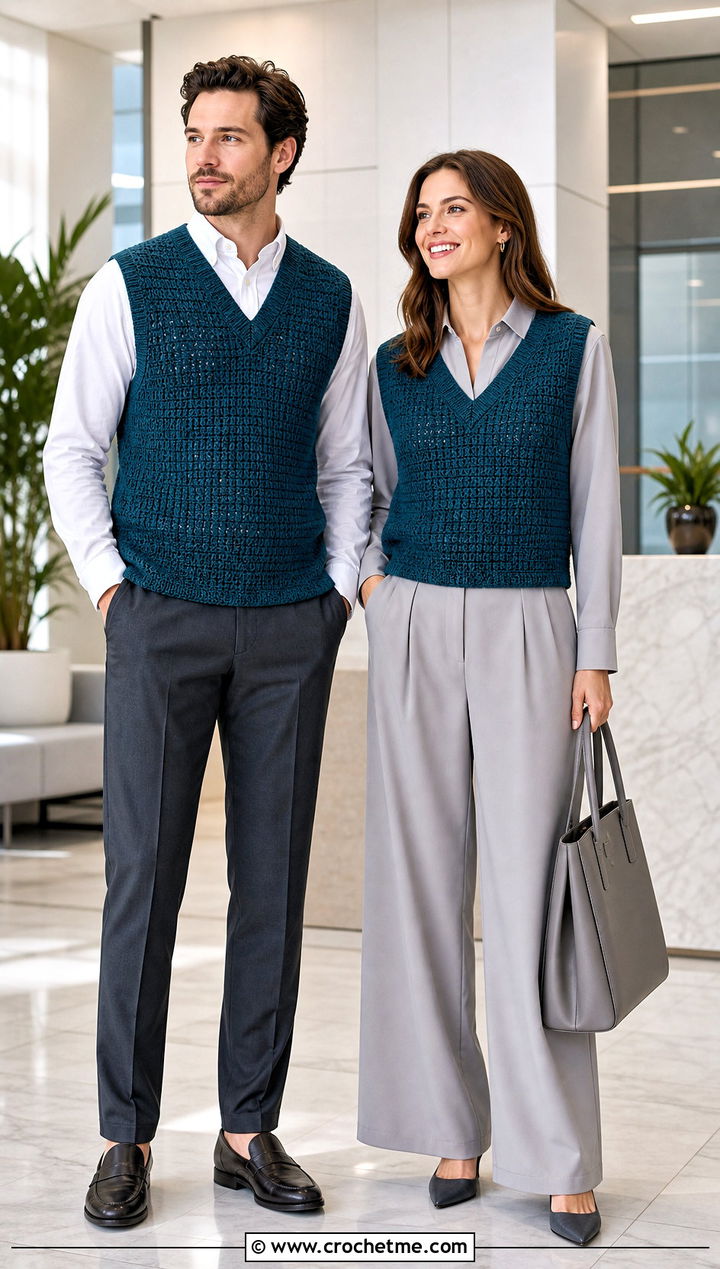 Crochet Sweater Vests With Office Tailoring - 30 couples crochet outfit ideas