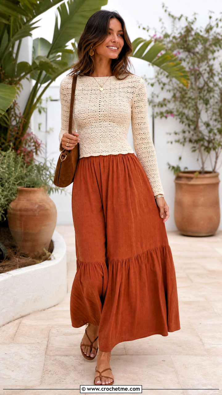 Crochet Sweater With A Boho Maxi Skirt - 35 crochet sweater outfit ideas