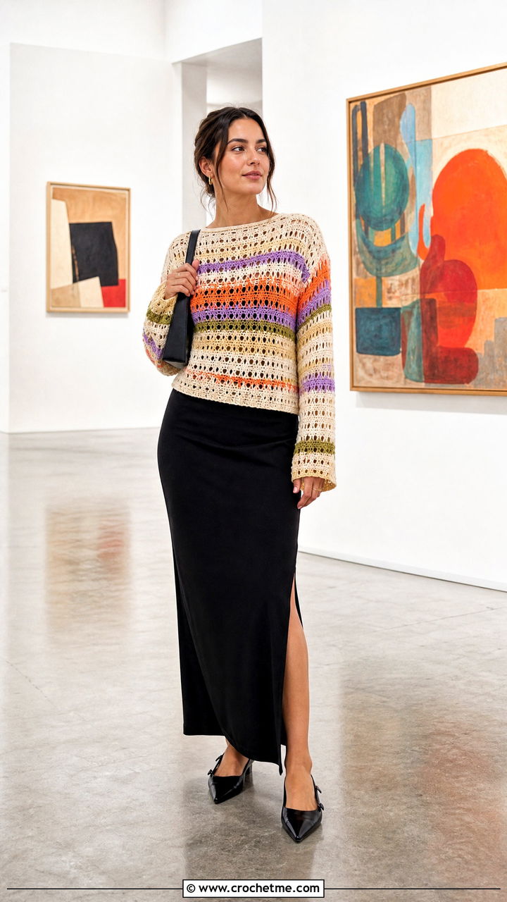Crochet Sweater With A Column Skirt - 35 crochet sweater outfit ideas
