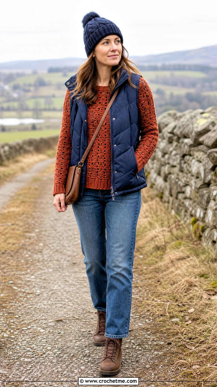 Crochet Sweater With A Puffer Vest - 35 crochet sweater outfit ideas
