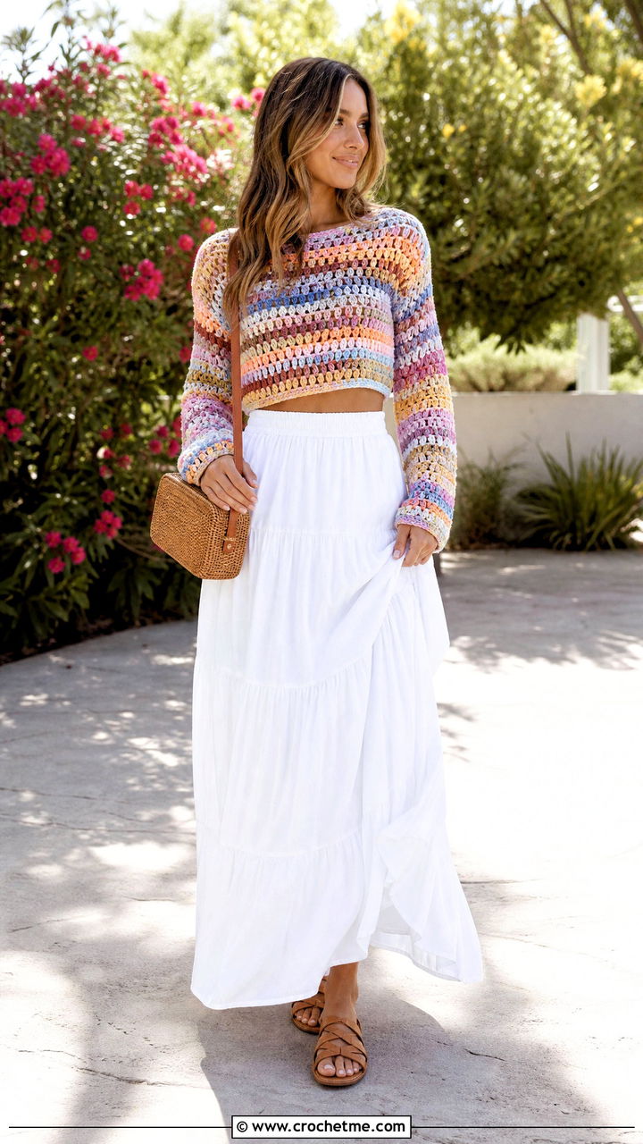 Crochet Sweater With A Tiered Maxi Skirt - 35 crochet sweater outfit ideas