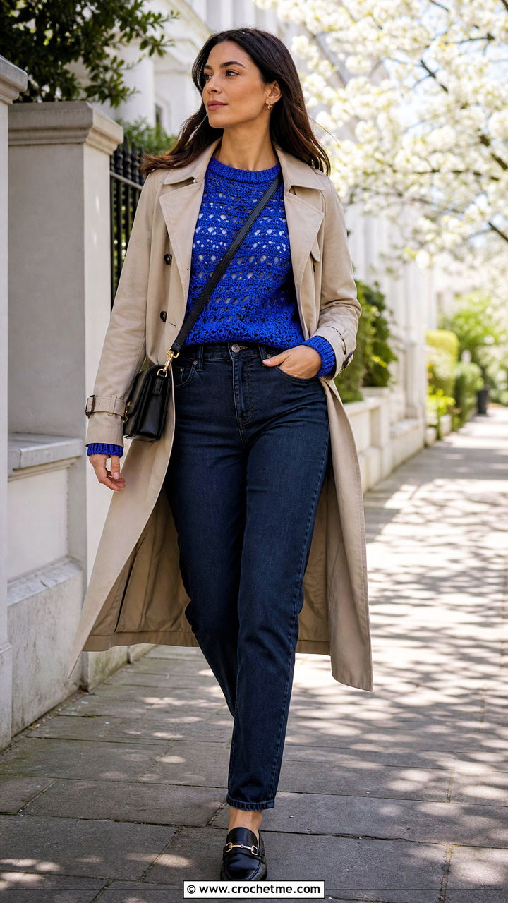 Crochet Sweater With A Trench Coat - 35 crochet sweater outfit ideas