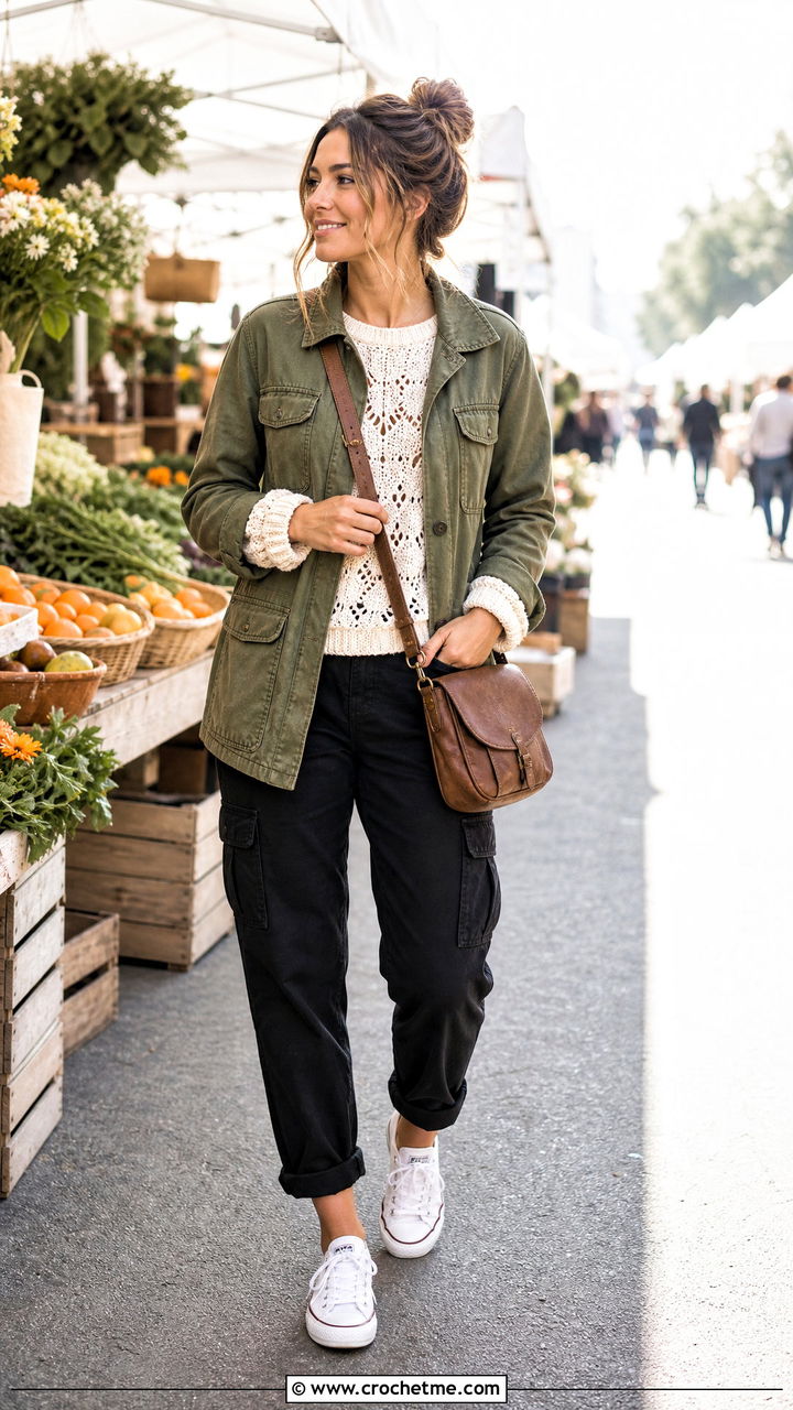 Crochet Sweater With A Utility Jacket - 35 crochet sweater outfit ideas