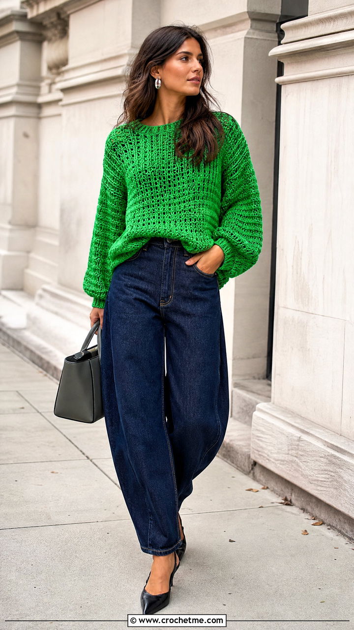 Crochet Sweater With Barrel Jeans and Slingback Heels - 35 crochet clothes ideas