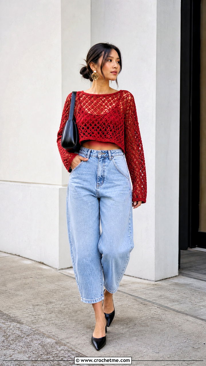 Crochet Sweater With Barrel Leg Jeans - 35 crochet sweater outfit ideas