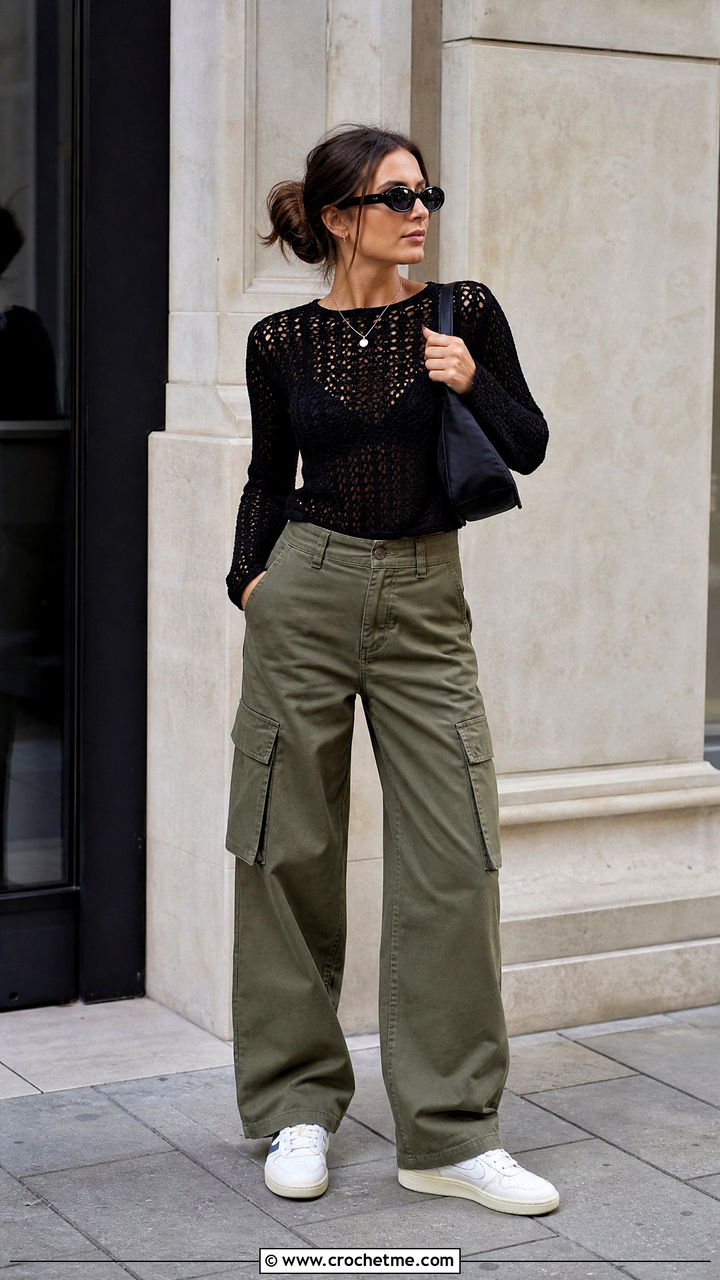 Crochet Sweater With Cargo Pants - 35 crochet sweater outfit ideas