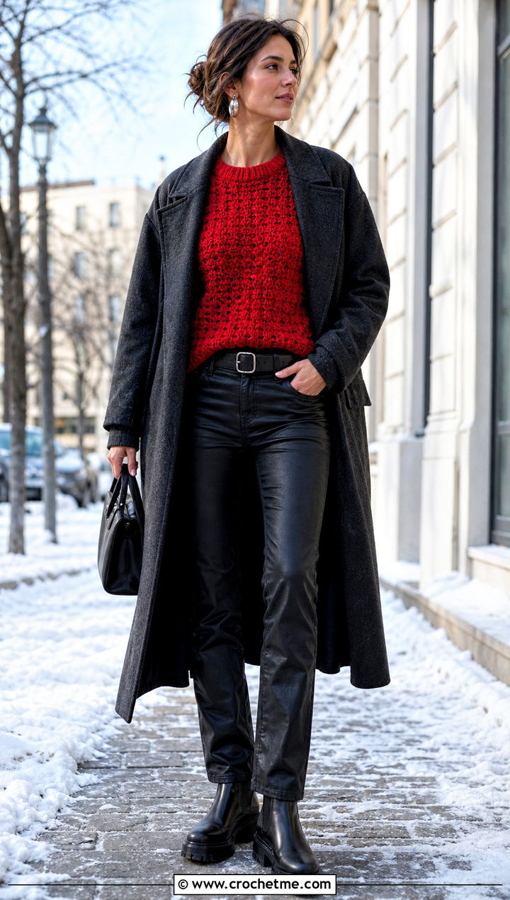 Crochet Sweater With Coated Jeans - 30 Edgy Crochet Clothes and outfit ideas